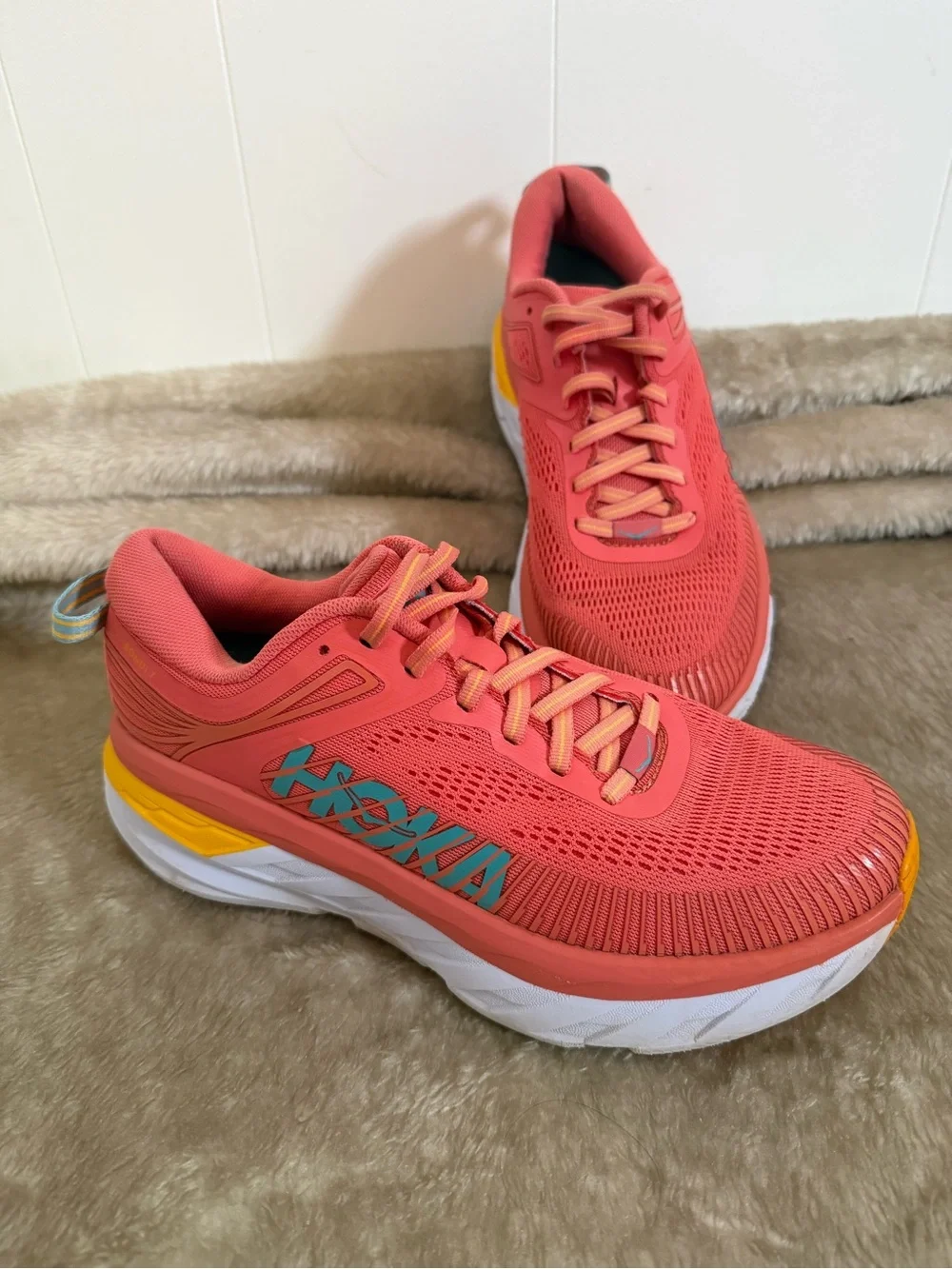 HOKA Bondi 7  Coral and Turquoise Women's Running Shoe
